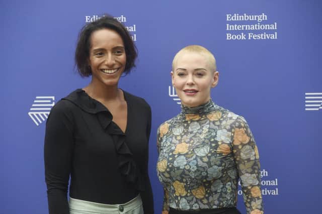 Actress Rose McGowan, right, with writer Afua Hirsch at the Edinburgh International Book Festival yesterday. Picture: Greg Macvean