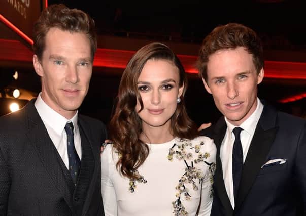 Old Harrovian Benedict Cumberbatch and old Etonian Eddie Redmayne with former state school pupil Keira Knightley (Picture: Fraser Harrison/Getty)