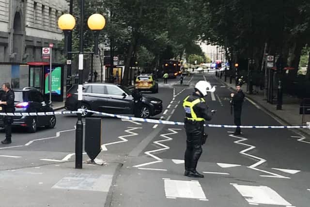 Police activity in central London after a car crashed into security barriers outside the Houses of Parliament. Picture: Sam Lister/PA Wire