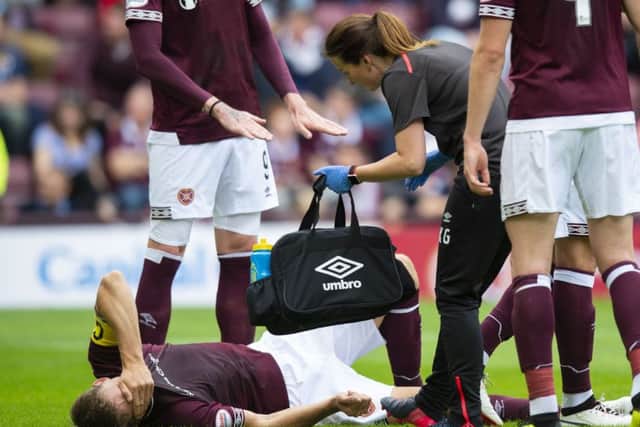 Christophe Berra suffered the injury in the first half of the match and was stretchered off. Picture: SNS Group