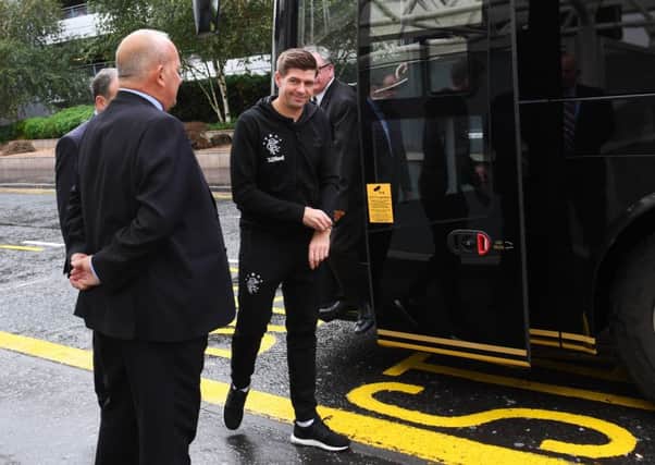Rangers manager Steven Gerrard arrives at Glasgow Airport before the squad flew out to Slovenia for tonights second leg. Picture: SNS