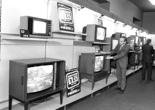 Early colour televisions for rent in Edinburgh  at Â£1.53 per a week at at Grants department store in 1972. John Logie Baird demonstrated his first electronic colour TV almost 30 years earlier. PIC: TSPL.