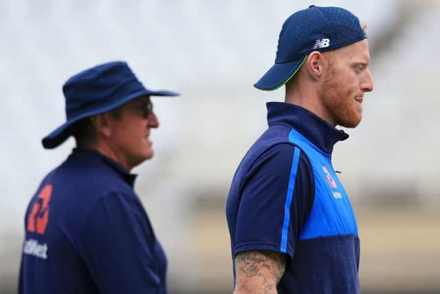 Englands Ben Stokes, right, and head coach Trevor Bayliss at yesterdays practice session ahead of the third Test at Trent Bridge. Picture: AFP/Getty
