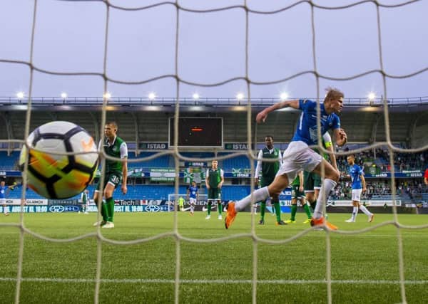 Molde striker Erling Braut Haaland celebrates scoring his second goal, to make it 3-0 against Hibernian at the Aker Stadium. Picture: Svein Ove Ekornesvaag/NTB Scanpix via AP