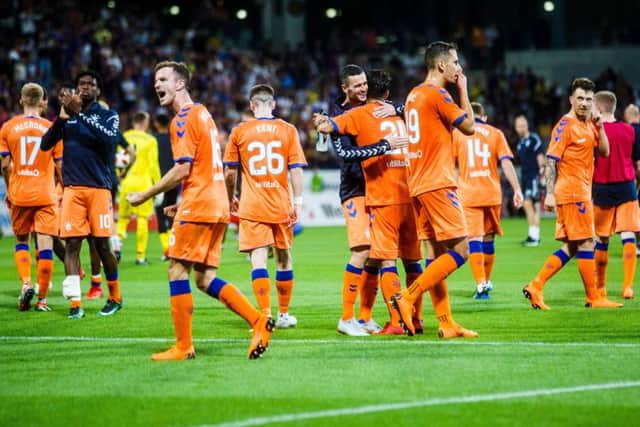 Rangers celebrate after winning the 2nd Leg football match between NK Maribor and Rangers FC in 3rd Qualifying Round of UEFA Europa League 2018/19. (Photo by MB Media/Getty Images)
