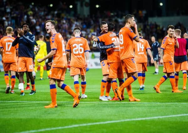 Rangers celebrate after winning the 2nd Leg football match between NK Maribor and Rangers FC in 3rd Qualifying Round of UEFA Europa League 2018/19. (Photo by MB Media/Getty Images)