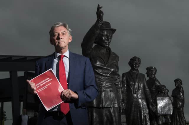 Scottish Labour leader Richard Leonard visited the Mary Barbour statue in Govan to launch his party's discussion paper on helping tenants in the private rented sector. Picture: John Devlin/TSPL