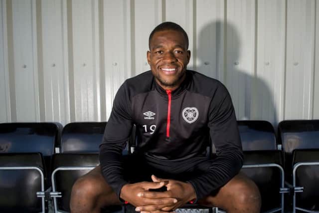 Hearts striker Uche Ikpeazu, having set up the winner in last weeks defeat of Celtic, says it was the best atmosphere I have played in. Picture: SNS.