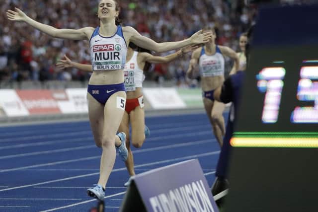 Laura Muir celebrates after winning the 1500m European title in Berlin. Picture: AP