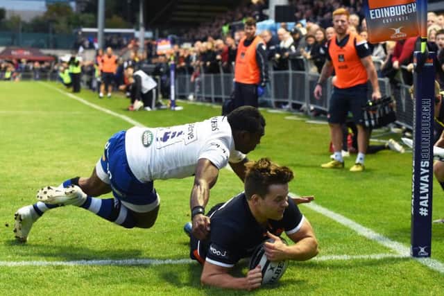 Edinburgh's Chris Dean scores the hosts' only try against Bath. Picture: Gary Hutchison/SNS/SRU