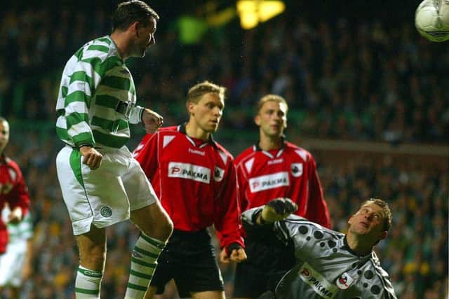 Celtic captain Paul Lambert scores against FK Suduva the last time the clubs met in 2002