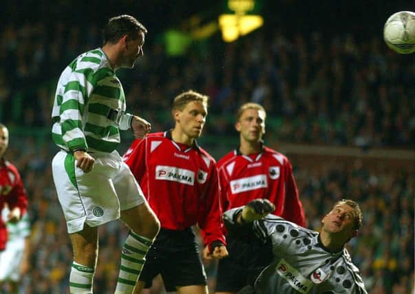 Celtic captain Paul Lambert scores against FK Suduva the last time the clubs met in 2002