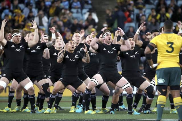 The New Zealand team performs the haka. Pic: AP