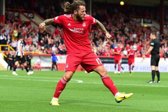 Aberdeen's Stevie May celebrates his goal. Pic: SNS/Alan Harvey