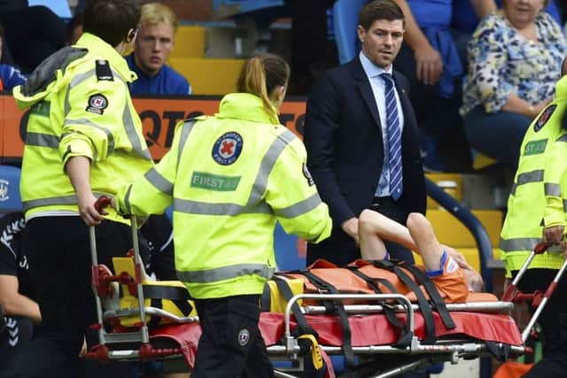 Rangers manager Steven Gerrard looks on as Jamie Murphy is stretchered off. Picture: SNS