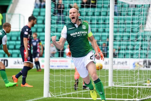 Hibernian's David Gray celebrates after equalising for his side. Picture: SNS