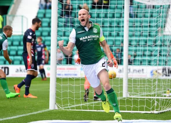 Hibernian's David Gray celebrates after equalising for his side. Picture: SNS
