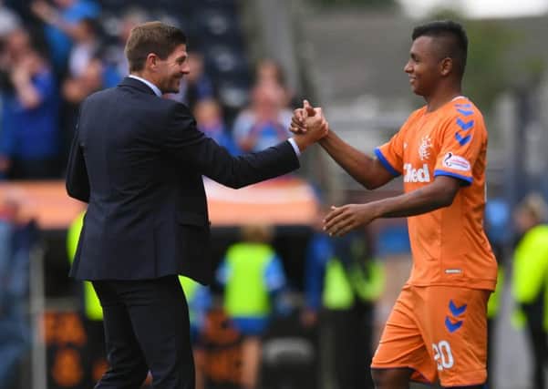 Rangers manager Steven Gerrard (left) with Alfredo Morelos at full time. Picture: SNS