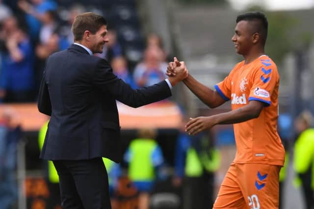 Rangers manager Steven Gerrard (left) with Alfredo Morelos at full time. Picture: SNS