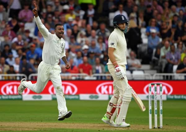 Indias Hardik Pandya celebrates after claiming the wicket of England captain Joe Root on a dramatic second day 
at Trent Bridge. Picture: Getty