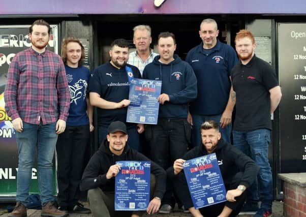 Pictured at the launch event for Rock the Rovers 13: Back Row Mark Wilson (Gentlemen Jackals), Scott Thomson (Gentlemen Jackals), Billy Wilson (Fifes Finest SC), Andy Mill (Raith Rovers Director), Ali Wallace (Fifes Finest SC), Gavin Quinn (Fifes Finest SC), Kieron Murdoch (Styx). Front Row Kyle Benedictus  and Iain Davidson.   Pic: Eddie Doig