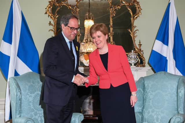 Scotland's First Minister Nicola Sturgeon meets with the President of Catalonia Quim Torra at Bute House. (Photo by Jeff J Mitchell - WPA Pool/Getty Images)