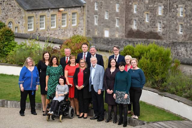 Labour leader Jeremy Corbyn and Scottish Labour Richard Leonard hold a photocall with Labour's early selected candidates in target Westminster constituencies in New Lanark, Scotland. (Photo by Jeff J Mitchell/Getty Images)