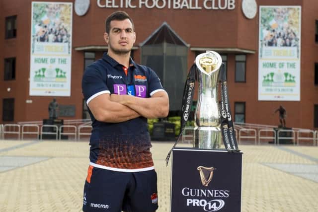New Edinburgh captain Stuart McInally with the Guinness Pro14 trophy at Celtic Park where this season's final will be played. Picture: Alan Harvey/SNS