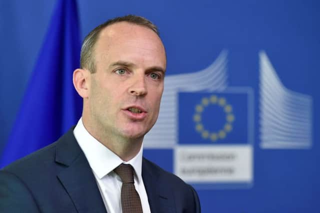 Dominic Raab gives a press conference after a meeting with EU Chief Brexit Negotiator. Picture: AFP