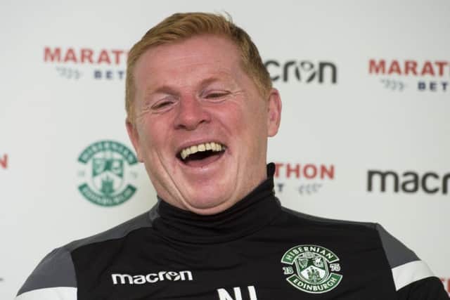 Hibs manager Neil Lennon enjoys a joke at his pre-match press conference. Picture: Paul Devlin/SNS
