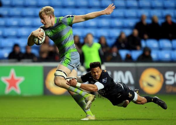 Andrew Davidson scores a try for Newcastle against Wasps in an Anglo-Welsh Cup match last year. Picture: Stephen Pond/Getty Images