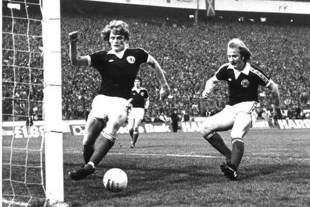 Gordon McQueen and Kenny Burns in action for Scotland against Wales at Hampden in 1978 (Picture: Gordon Rule)