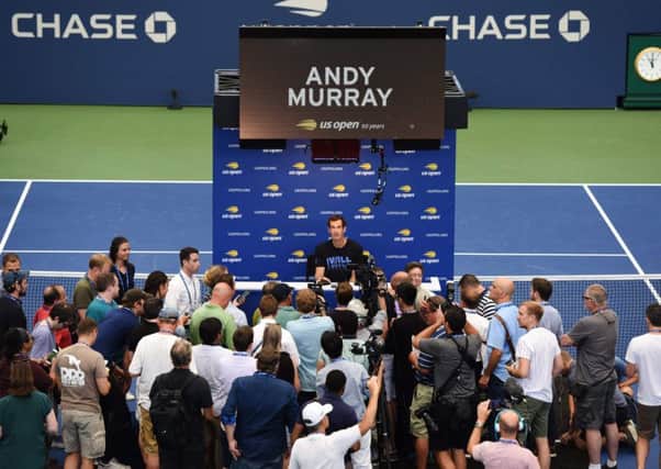Andy Murray talks to the press in the new Louis Armstrong Stadium ahead of the US Open. Picture: Timothy A Clary/AFP/Getty Images