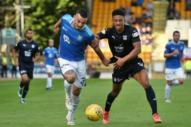 Tony Watt takes on Dundee's Nathan Ralph. Pic: SNS/Craig Foy