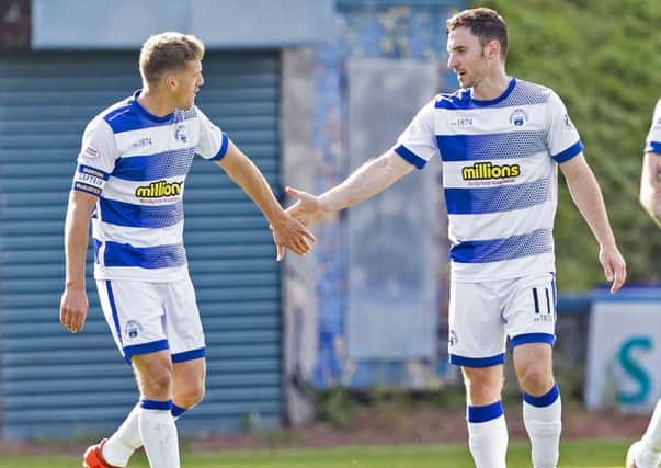 Morton's Bob McHugh celebrates scoring. Pic: SNS/Roddy Scott