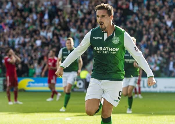 Hibernian's Jamie MacLaren celebrates scoring the equaliser. Pic: SNS/Alan Harvey