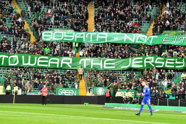 The banner in the safe-standing section of Celtic Park, where the Green Brigade are situated. Picture: SNS