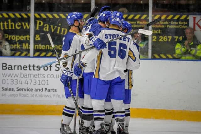 Fife Flyers celebrate a goal in their pre-season game against Aalborg Pirates (Pic: Jillian McFarlane)
