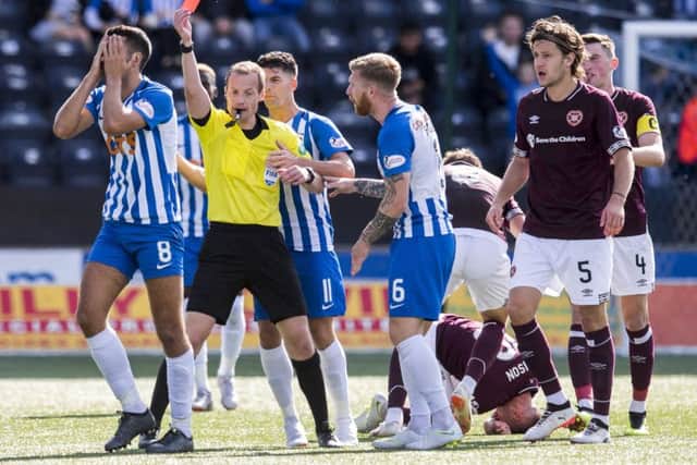 Kilmarnock's Gary Dicker is sent off by Referee Willie Collum after a challenge on Callumn Morrison. Picture: SNS/Craig Williamson