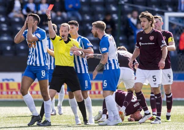 Kilmarnock's Gary Dicker is sent off by Referee Willie Collum after a challenge on Callumn Morrison. Picture: SNS/Craig Williamson