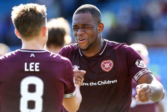 Uche Ikpeazu celebrates after Hearts' 1-0 win over Kilmarnock on Saturday. Picture: SNS