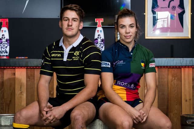 Craig Jackson of Melrose and Hillhead Jordanhill's Louise McMillan help launch the Tennent's Premiership. Picture: Ross Parker/SNS/SRU