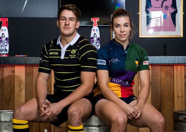 Craig Jackson of Melrose and Hillhead Jordanhill's Louise McMillan help launch the Tennent's Premiership. Picture: Ross Parker/SNS/SRU