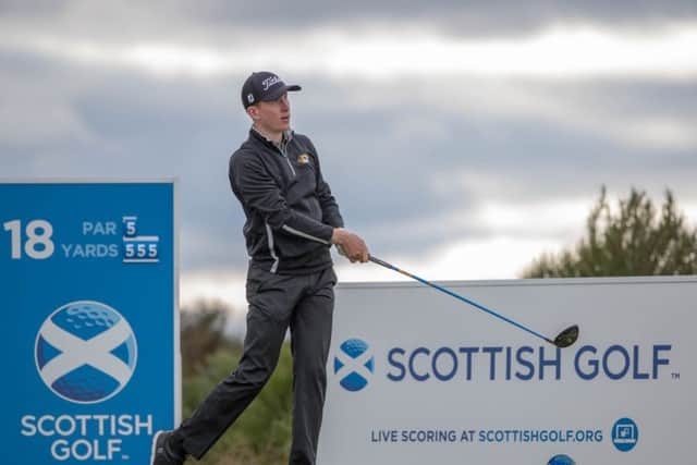 Barassie's Euan Walker tees off at the 18th on the King's Course at Gleneagles en route to sharing the first-round lead in the Carrick Neill Scottish Open Stroke Play Championship. Picture: Kenny Smith