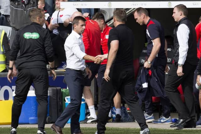 Dundee Manager Neil McCann and Alan Stubbs shake hands pre-match. Picture: SNS