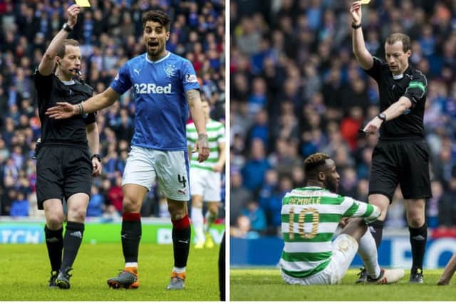 Yellow cards for Fabio Cardoso, left, and Moussa Dembele during Celtic-Rangers games refereed by Willie Collum. Pictures: SNS Group