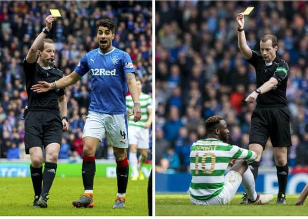 Yellow cards for Fabio Cardoso, left, and Moussa Dembele during Celtic-Rangers games refereed by Willie Collum. Pictures: SNS Group