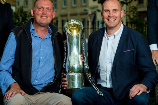 Former Scotland players Doddie Weir, left, and Al Kellock at the launch of Premier Sports' Guinness Pro14 coverage. The pair will be pundits on the channel. Picture: SNS