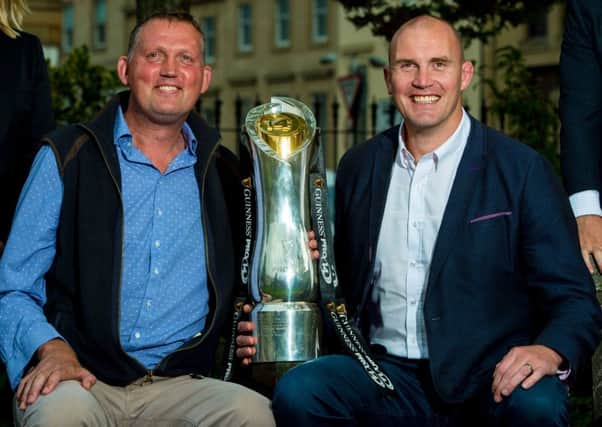 Former Scotland players Doddie Weir, left, and Al Kellock at the launch of Premier Sports' Guinness Pro14 coverage. The pair will be pundits on the channel. Picture: SNS