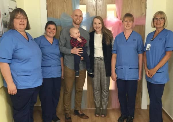 Midwives Al Shields, Lydia Rattray, Sheena McCallum and Ruth Dunbar with Gary, Zoe and Theo Patterson